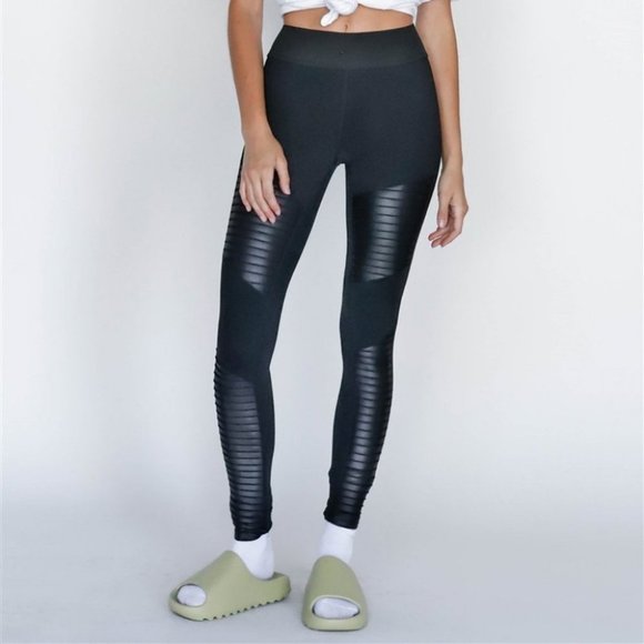 . Pants - Black Glossy Faux Leather Detail High Waist Leggings